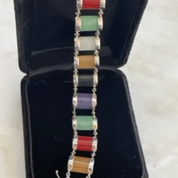Vintage 1980" bracelet-Sterling silver and Jade gem stones - Picture 1 of 8